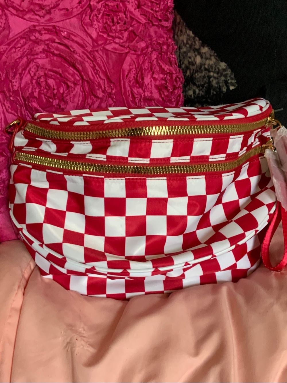 Red and White Checker Pattern Crossbody Bag with Gold Zippers